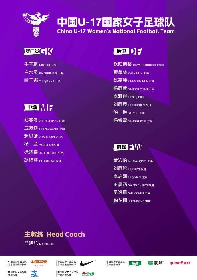 U17女足亚洲杯名单出炉：马晓旭挂帅，黄沁怡领衔，目标前四直通世少赛